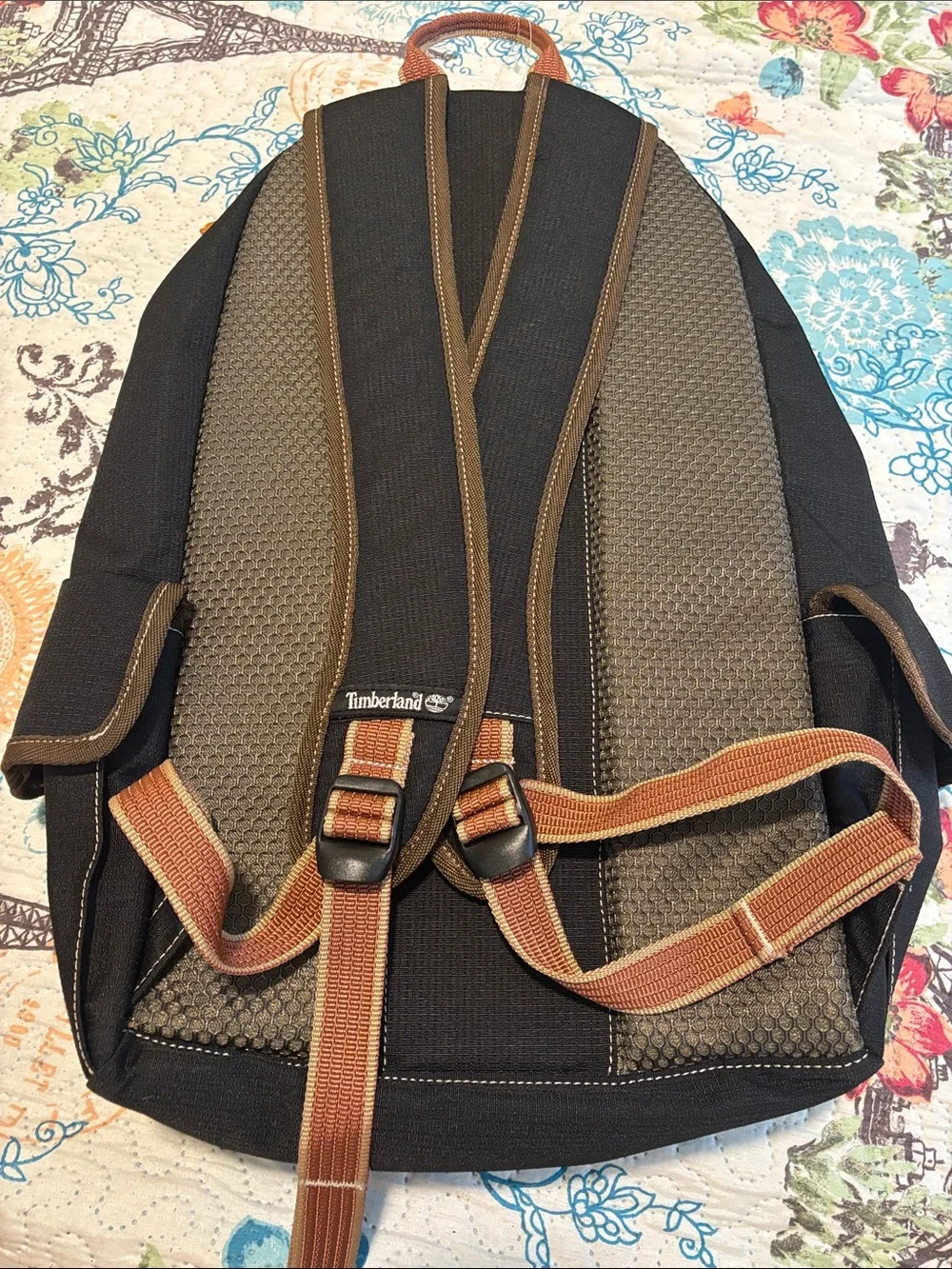 Timberland Black Canvas Backpack with Brown Trim and Orange Pull